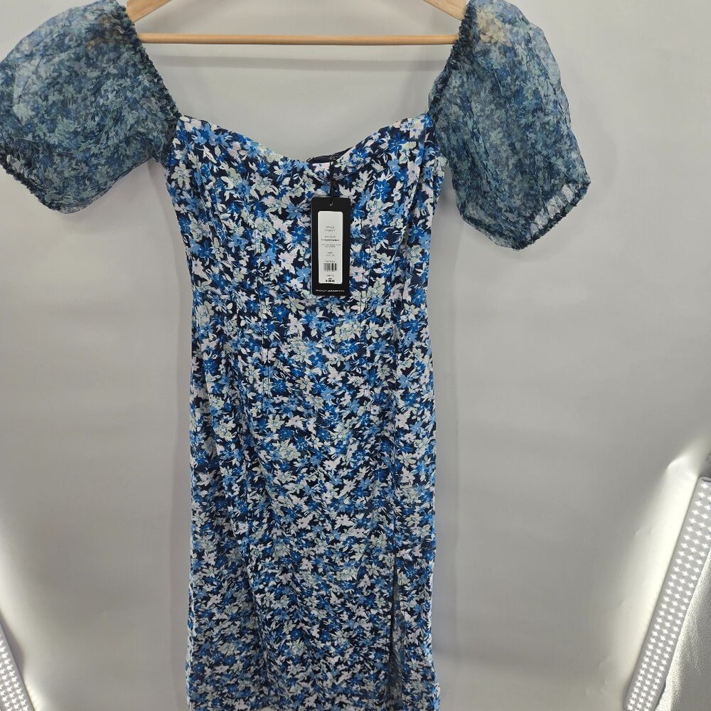 French Connection Blue White Black Floral Puff Sleeved Midi Dress Size 0
